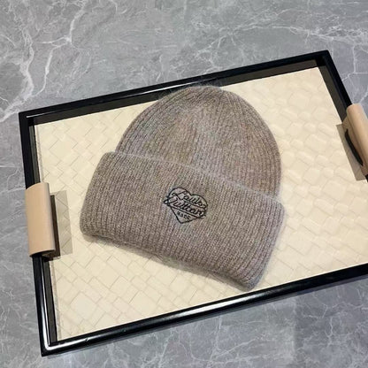 Unisex mohair winter beanie with a heart-shaped embroidery and a folded cuff