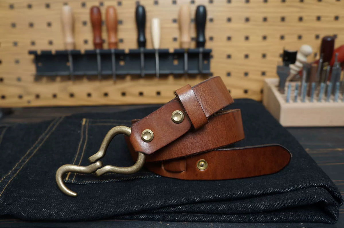 3.4cm Wide Genuine Leather Belt with Solid Copper Buckle