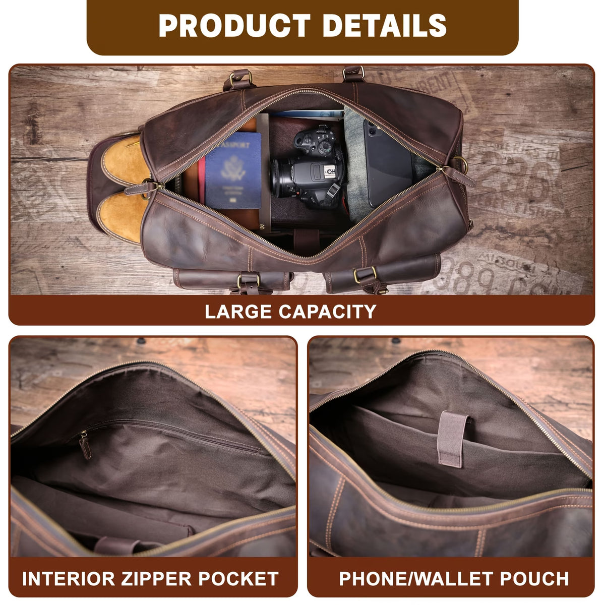 Large-Capacity Genuine Cowhide Duffel/Gym Bag – Handmade Vintage-Style "Crazy Horse" Leather Travel Bag